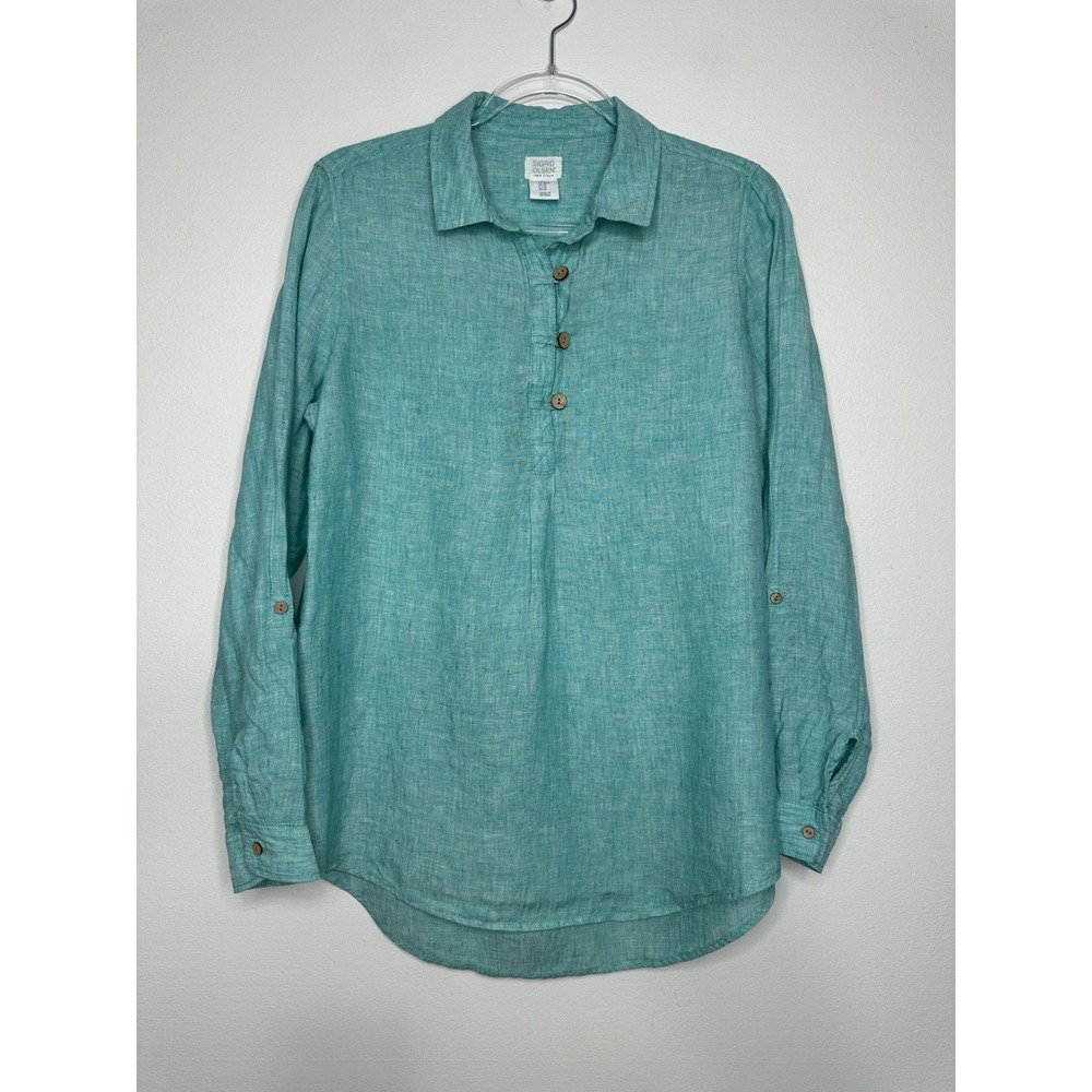 Sigrid Olsen Linen Popover Shirt Aqua Blue‎ Roll tab Sleeve Medium